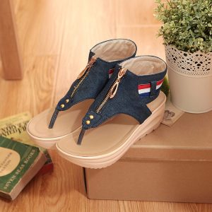 Women's Casual Denim Sandals with Chunky Mid Heel and Peep Toe