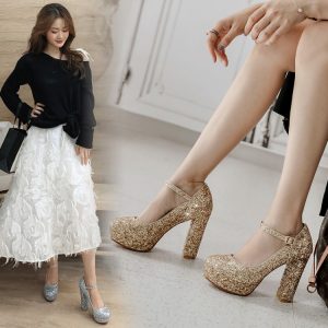 Women's Sequin High Heel Chunky Platform Pumps