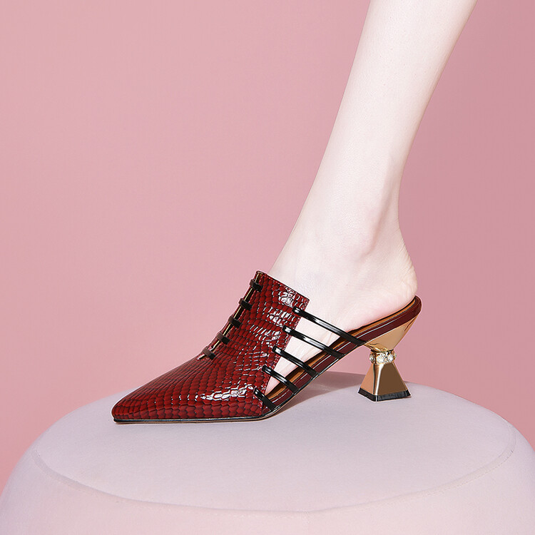 Women's High Heel Closed Toe Slippers in Genuine Leather