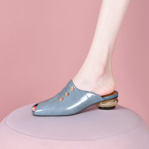 Women's Leather Closed Toe Low Heel Slippers with Buckle and Metal Decoration