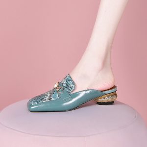 Women's Closed Toe Low Chunky Heel Slippers with Color Block and Metal Accents