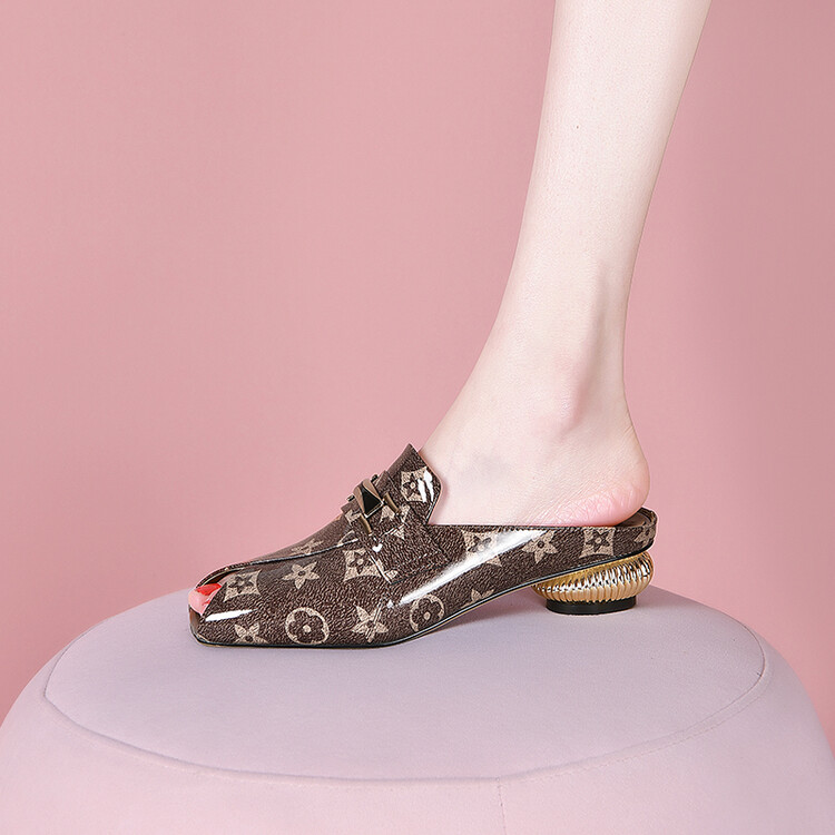 Women's Cow Leather Slippers Low Chunky Heel Color Block Metal Buckle Daily Wear