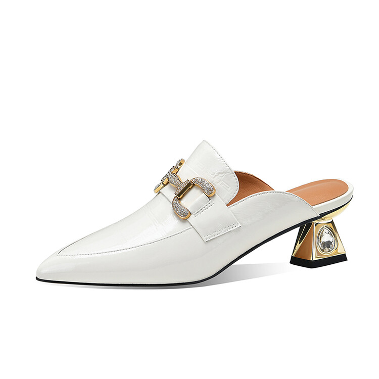 Women's Closed Toe Mid Heel Slippers with Plaid and Metal Details - Image 5
