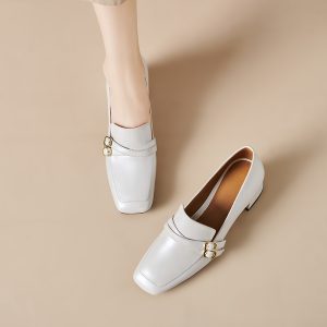 Deep Mouth Flat Shoes with Cross Straps and Metal Accents
