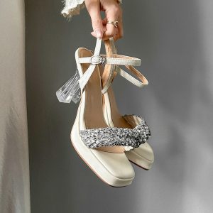 Women's High Heel Platform Sandals with Rhinestone Ankle Strap